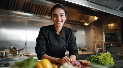 A female chef smiling in a professional kitchen with fresh vegetables on the counter