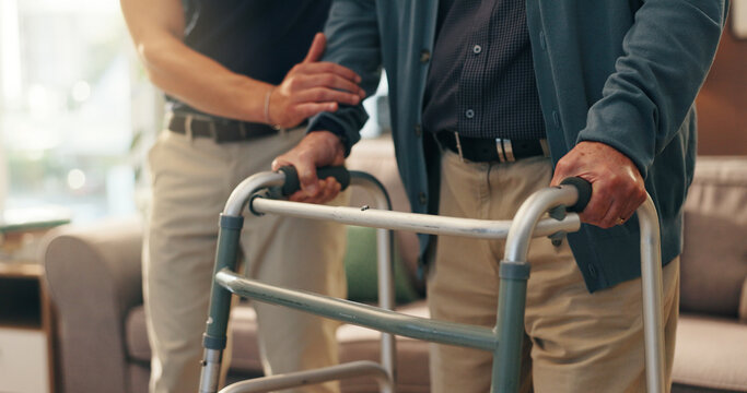 Old man, nurse and help with walker in home for mobility support, assistance and rehabilitation. Caregiver, senior person and walking guide in assisted living facility for balance and injury recovery