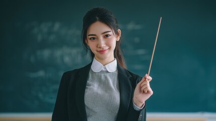 A young woman holding a pointer in front of a chalkboard