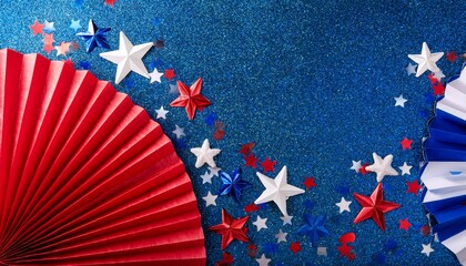 Red, white and blue paper fans on blue glitter background for fourth of july with copy space. Generated image