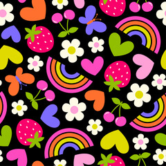Colorful cute berry fruit, flower, rainbow, heart and butterfly seamless pattern design for spring season background.