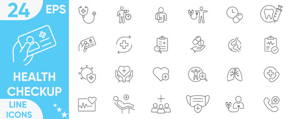 Health Checkup icon set.Heart rate, stethoscope, instruments, research, organs, tests, viruses, temperature, Scan, test, monitor, dental, urine test and more.Vector and illustrator set.