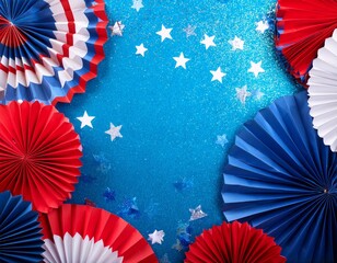 Red, white and blue paper fans on blue glitter background for fourth of july with copy space. Generated image
