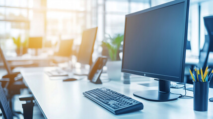 Minimalist modern office with white desk and ergonomic chair, bathed in soft natural light. A serene and productive workspace.