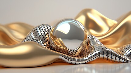 Silver Sphere on Flowing Gold and Silver Fabric Abstract 3D Render