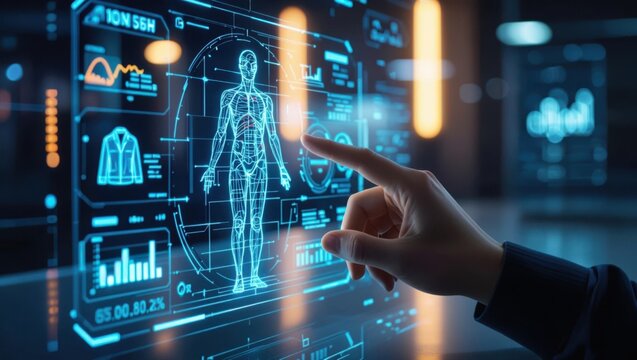 Futuristic human anatomy display with interactive data visualization and scientific research interface