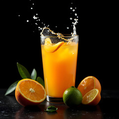 Orange juice splashing with citrus fruits