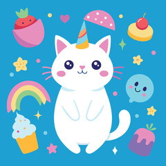 cute white cat unicorn with rainbow horn