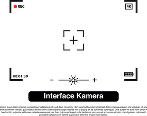 Digital camera viewfinder interface on a white background, featuring recording indicators, focus reticle, brightness scale, and battery icon, simulating a live video capture scene.