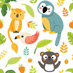 set of animals  seamless pattern with cute koala sloth