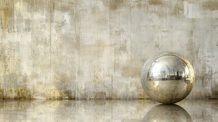 Reflective sphere resting on a textured concrete floor.