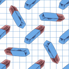 Hand drawn vintage seamless pattern of blue and red pencil erasers on grid paper background, colorful vector