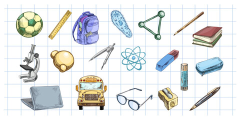 Hand drawn vintage vector set of colorful school and science supplies on squared notebook background for education design