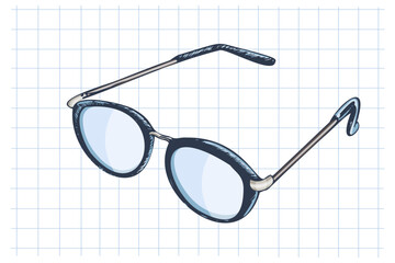 Hand drawn vintage sketch of eyeglasses with round lenses isolated on grid  notebook background, vector illustration