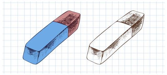 Hand drawn vintage sketch of two erasers in color and monochrome version on grid notebook background, vector illustration