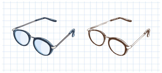Hand drawn vintage sketch of eyeglasses in color and monochrome version on squared notebook background, vector illustration
