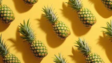 Multiple pineapples scattered on a bright yellow background