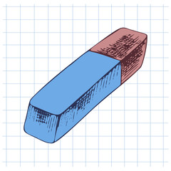 Hand drawn vintage sketch of blue and red school eraser isolated on grid notebook background, vector illustration