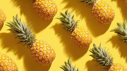Pineapples fruit scattered across a yellow background