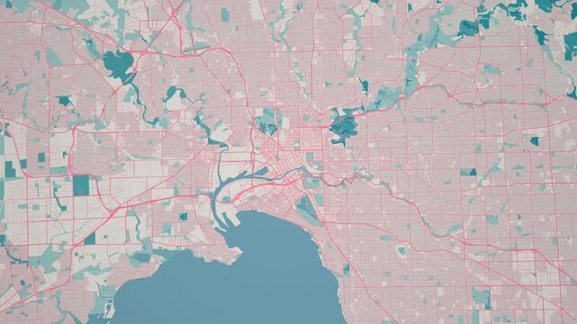 Zoom in on the map of Melbourne City in Australia, with text. Cinematic digital abstract 3d world map animation highlights aerial views, tourism, and travel. 4k