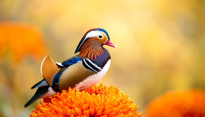 Mandarin Duck in nature and flower
