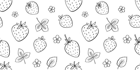 Seamless pattern with strawberry and leaves vector doodle illustration, berry outline sketch, hand drawn icon of summer food and flowers