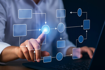 Person s finger interacting with a digital flowchart on a futuristic interface