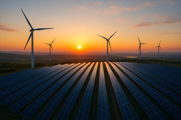 Renewable energy landscape with solar panels and wind turbines at sunset