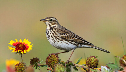 Meadow Pipit bird in nature and flower