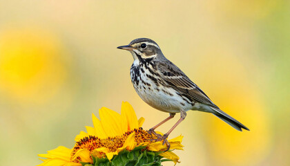 Fototapeta premium Meadow Pipit bird in nature and flower