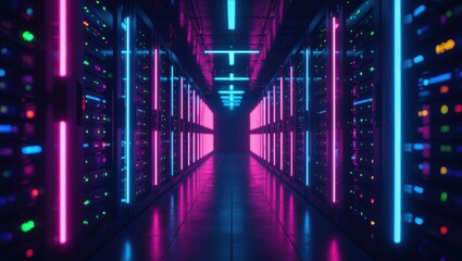 Fototapeta premium Illuminated server room corridor with rows of racks and glowing neon lights