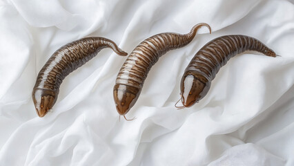 Three larvae on silk fabric, showcasing texture and detail, neutral background for nature concept