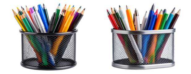 Modern Metal Pen Holder Filled with Vibrant Writing Tools, Transparent Background PNG