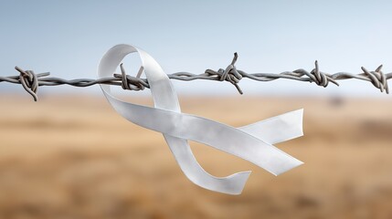Anti War and Global Protest movement, Barbed wire with a ribbon symbolizes struggle and hope in a desolate landscape.
