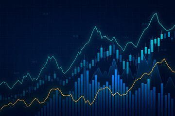 Financial stock market data analysis with candlestick charts and line graphs