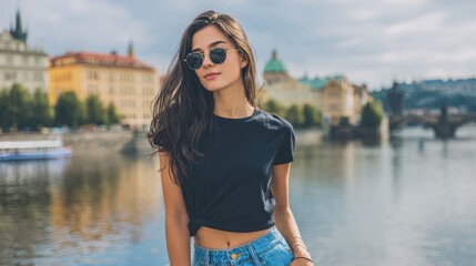 Woman in sunglasses and black tshirt on a bridge in front of a city skyline