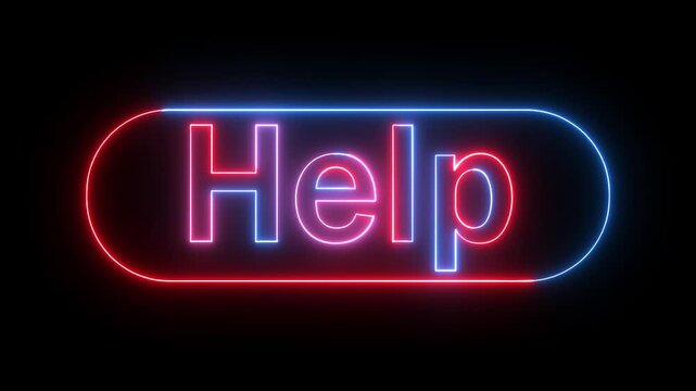 Help text icon animation glowing neon red and blue color clipboard signboard template poster font letter word sign symbol on black background