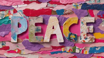 Anti War and Global Protest movement, Colorful collage with the word "PEACE" prominently displayed.