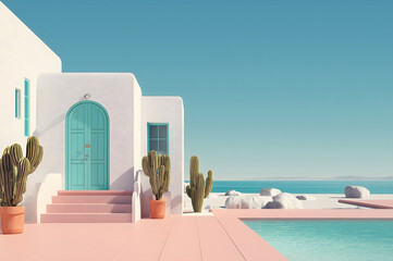 Fototapeta premium Colorful Desert Poolside Villa with Cactus and Ocean View Generating AI