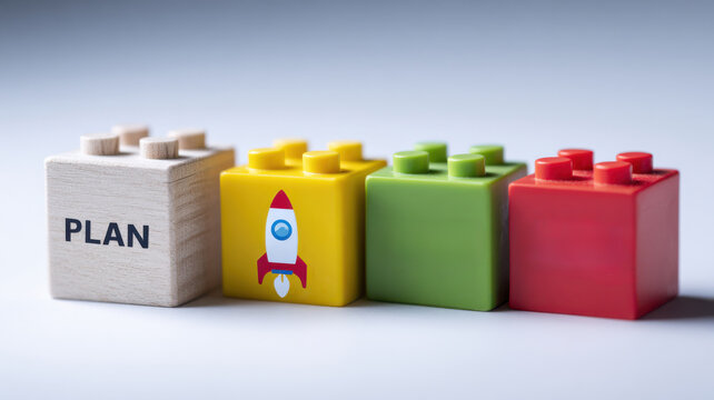 Building blocks stacked with labels: plan, test rocket startup