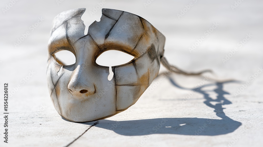 Poster broken mask casting a shadow on a surface.