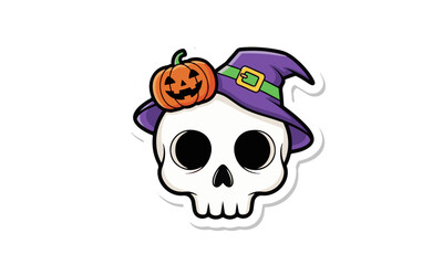 Spooky Cute Skull with Witch Hat and Pumpkin Sticker