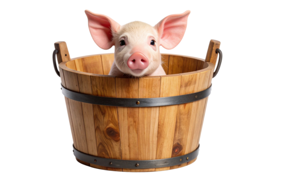 Cute Pink Piglet Sitting in a Wooden Bucket, isolated on a transparent background