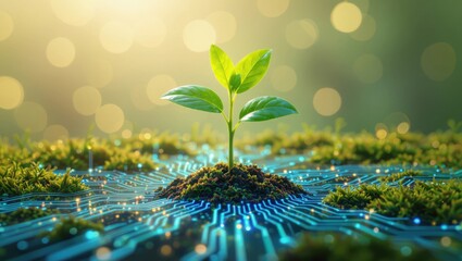 Young green sprout emerges from soil surrounded by glowing blue circuitry and soft bokeh lights