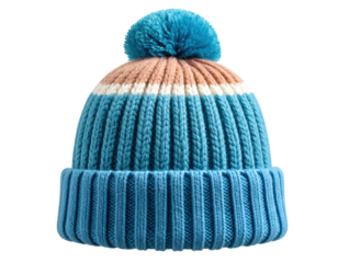 Knitted winter beanie hat with blue, white and beige stripes and pompom on transparent background for cold weather fashion.