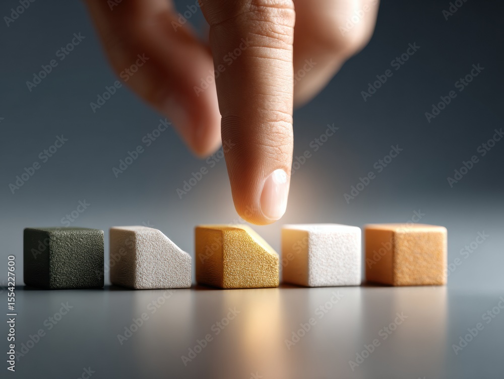 Poster tech-inspired financial loss mitigation concept with finger pressing icon on textured cubes in minim