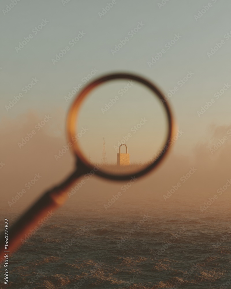 Aufkleber Cybersecurity Infrastructure Audit with Magnifying Glass Focus on Digital Padlock Symbolizing System Vulnerability and Risk Management in Tech Environment