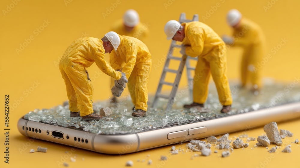 Poster miniature workers in safety gear repairing a shattered smartphone screen on ladder, symbolizing tech