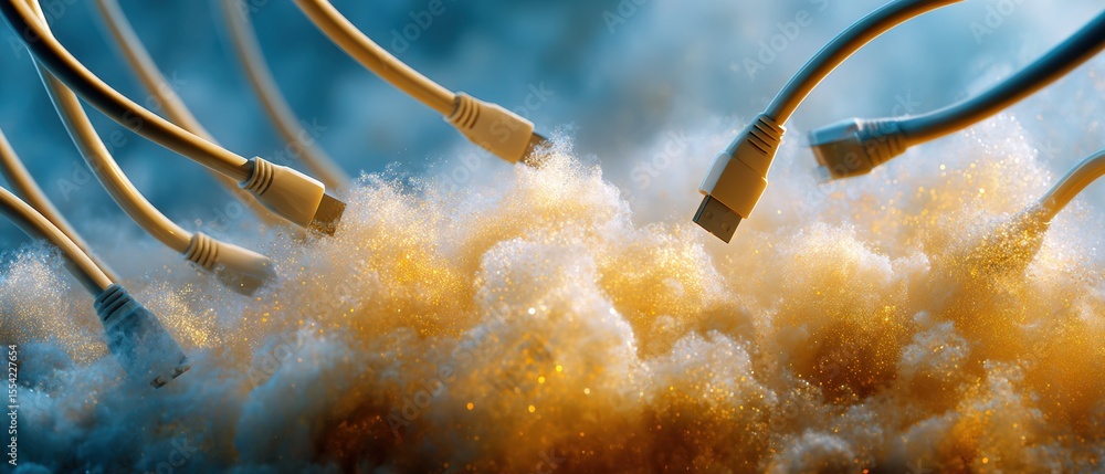 Leinwandbilder Abstract Network Chaos with Ethernet Cables Amid Cloudy Digital Texture - Connectivity Challenges and Tech Overload for Modern Business Innovation