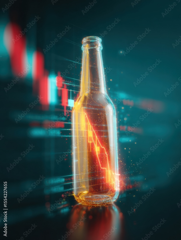 Poster Digital Economic Decline Concept with Falling Candlestick Chart inside Transparent Bottle on Dark Tech Interface for Finance Risk Warning